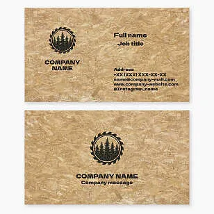 Forest Wood sawmill business card template. Lumber. Wood chip panel materials. Saw, spruce forest.