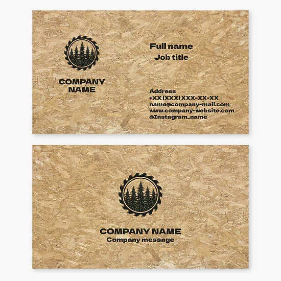 Forest Wood sawmill business card template. Lumber. Wood chip panel materials. Saw, spruce forest.