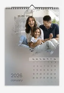 Loving parents and daughter calendar template featuring large photos with a printed wreath and bold fonts.