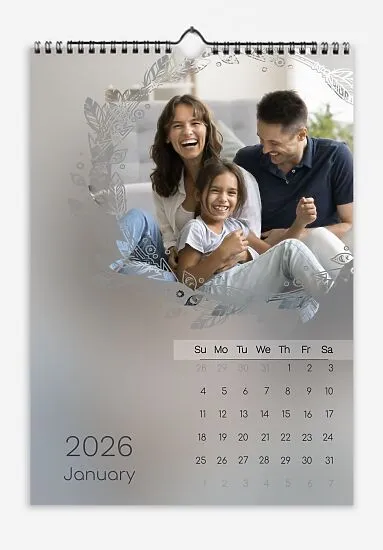 Loving parents and daughter calendar template featuring large photos with a printed wreath and bold fonts.