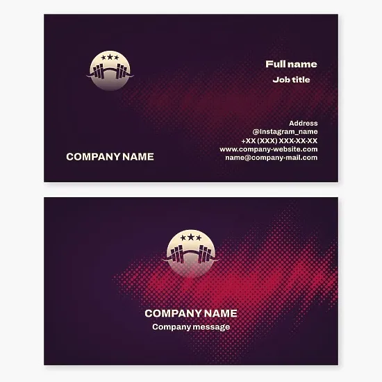 Business card template for fitness club, trainer. Dumbbells, gym.