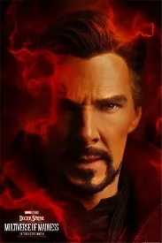 Купить постер "Doctor Strange: Multiverse of Madness" - яркий красный черный с Бенедиктом Камбербэтчем, Стивеном Стрэнджем крупным планом