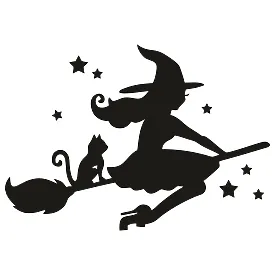 Вінілова наклейка – Відьма з котиком на мітлі під зірками 🌙🧹🐈