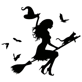 Вінілова наклейка – Відьма на мітлі з кішкою та кажанами 🧙‍♀️